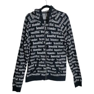Beautiful Disaster All Over Print Zip Up Hoodie Black White Gothic Script 1X